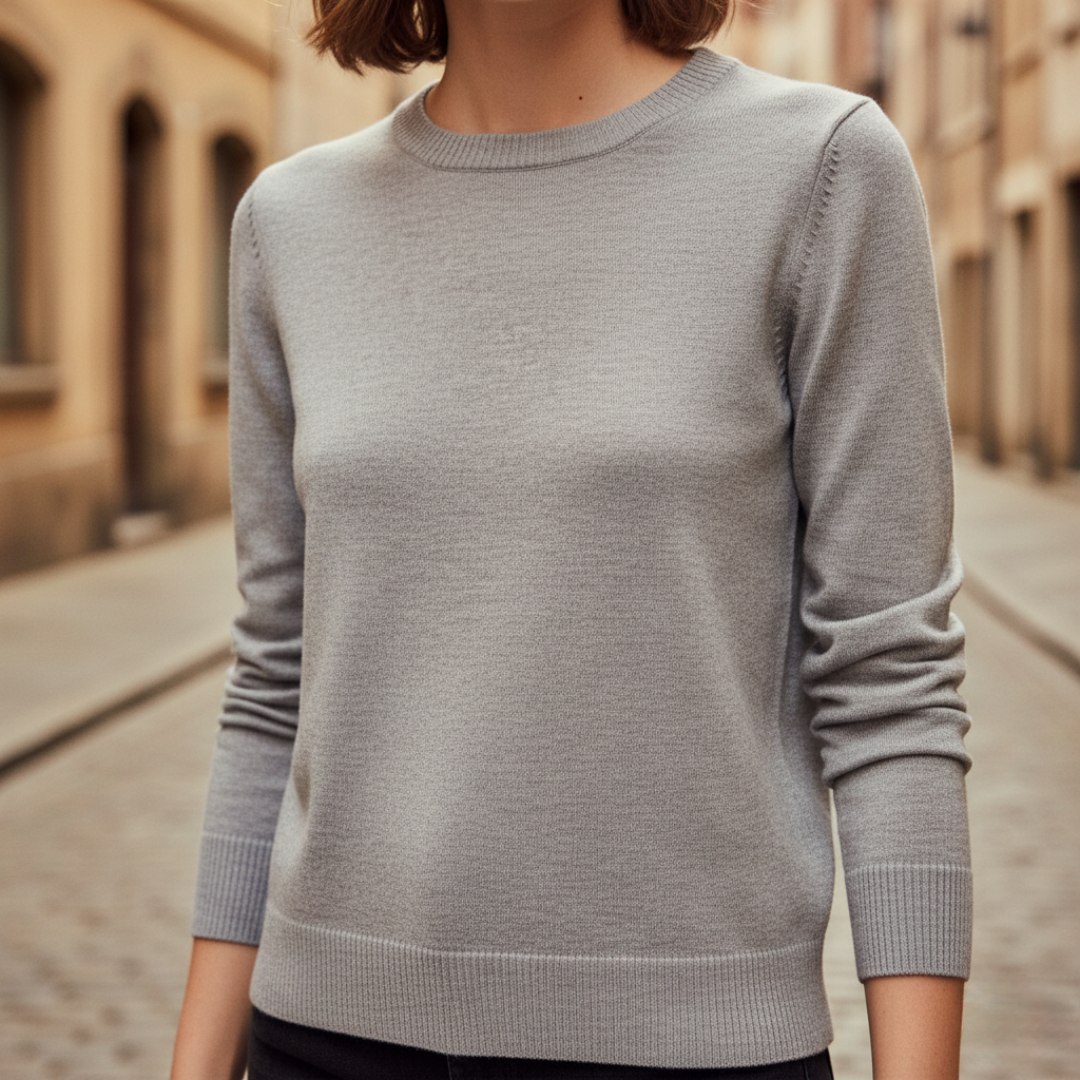 Women's fine knit crew neck sweater, soft slightly fitted silhouette with ribbed cuffs and hem