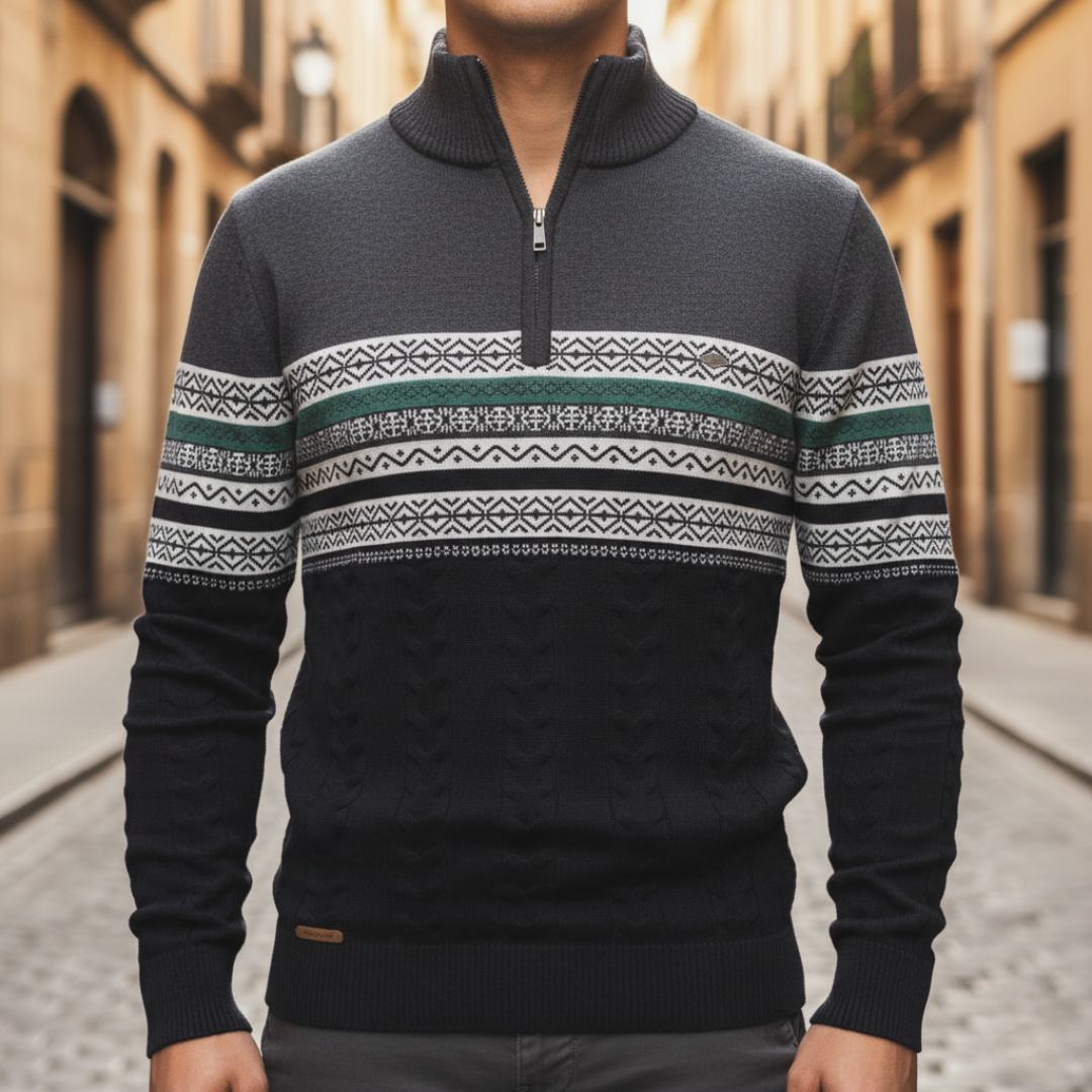 Men's half-zip sweater geometric pattern mixed fabric braided knit regular fit cold-season pullover
