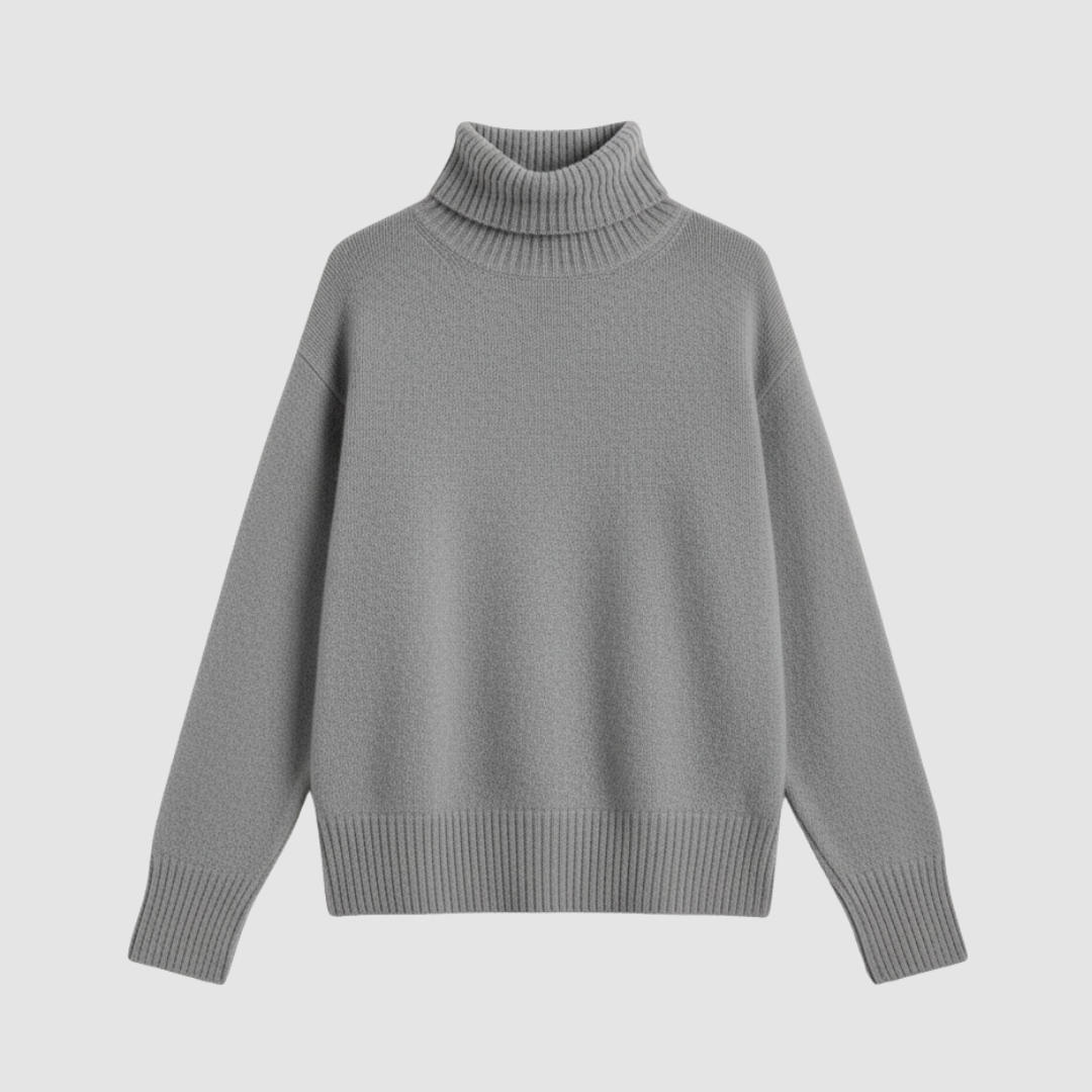 Women's camel cashmere turtleneck sweater relaxed fit with classic ribbed neck and hem