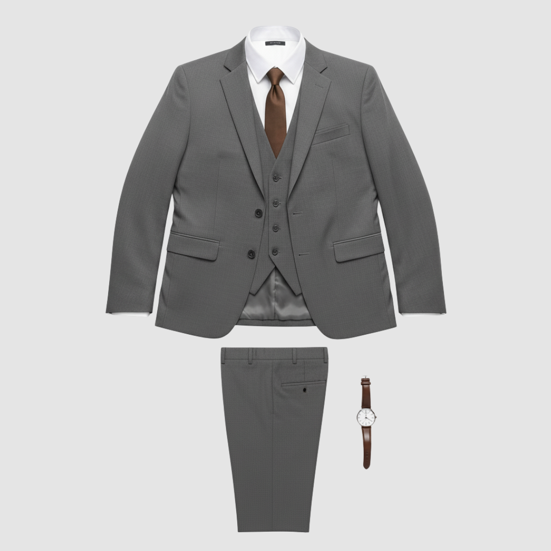 Men's classic fit formal suit set navy jacket trousers shirt tie elegant three-button professional look
