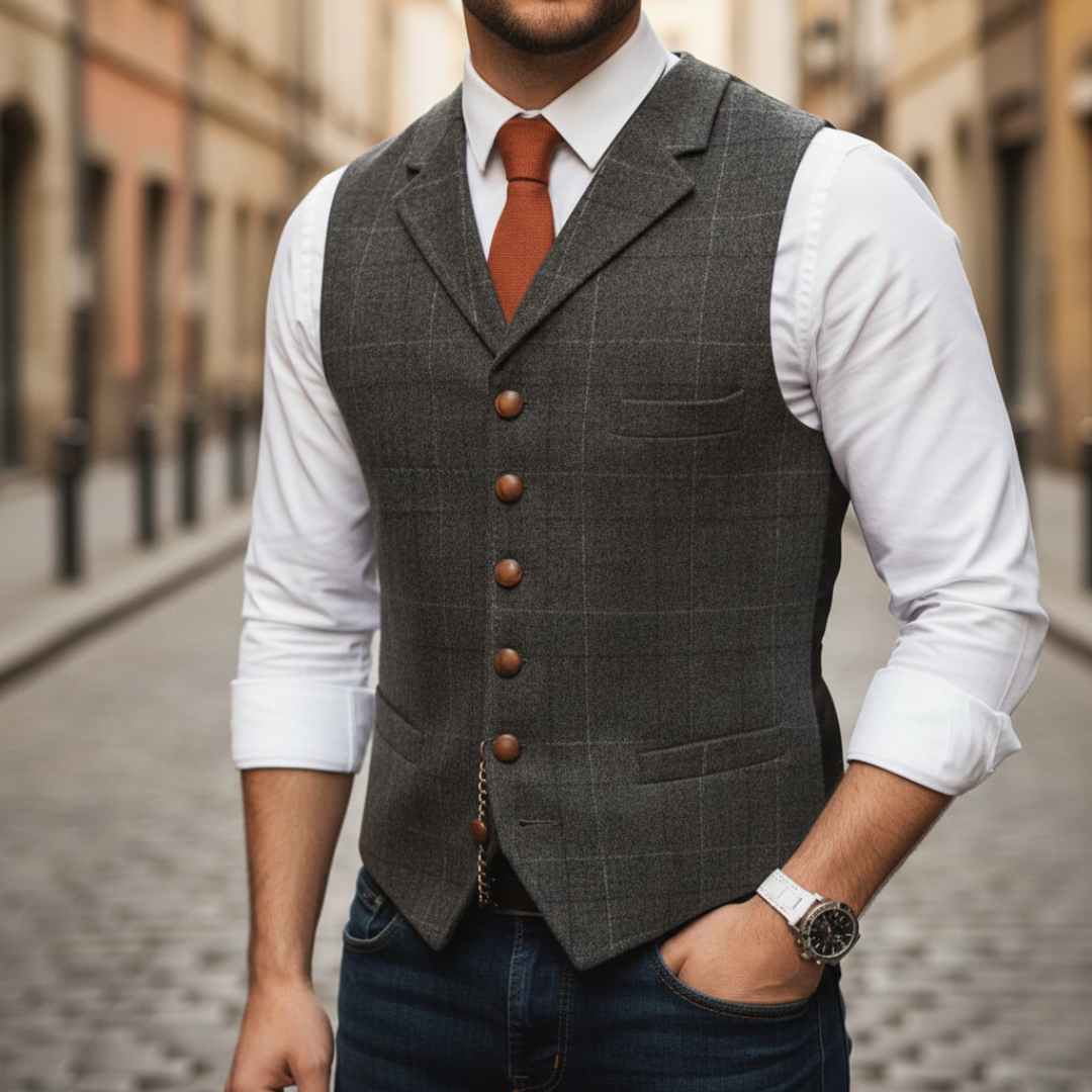 Men's checkered single-breasted formal vest tailored fit with adjustable back buckle