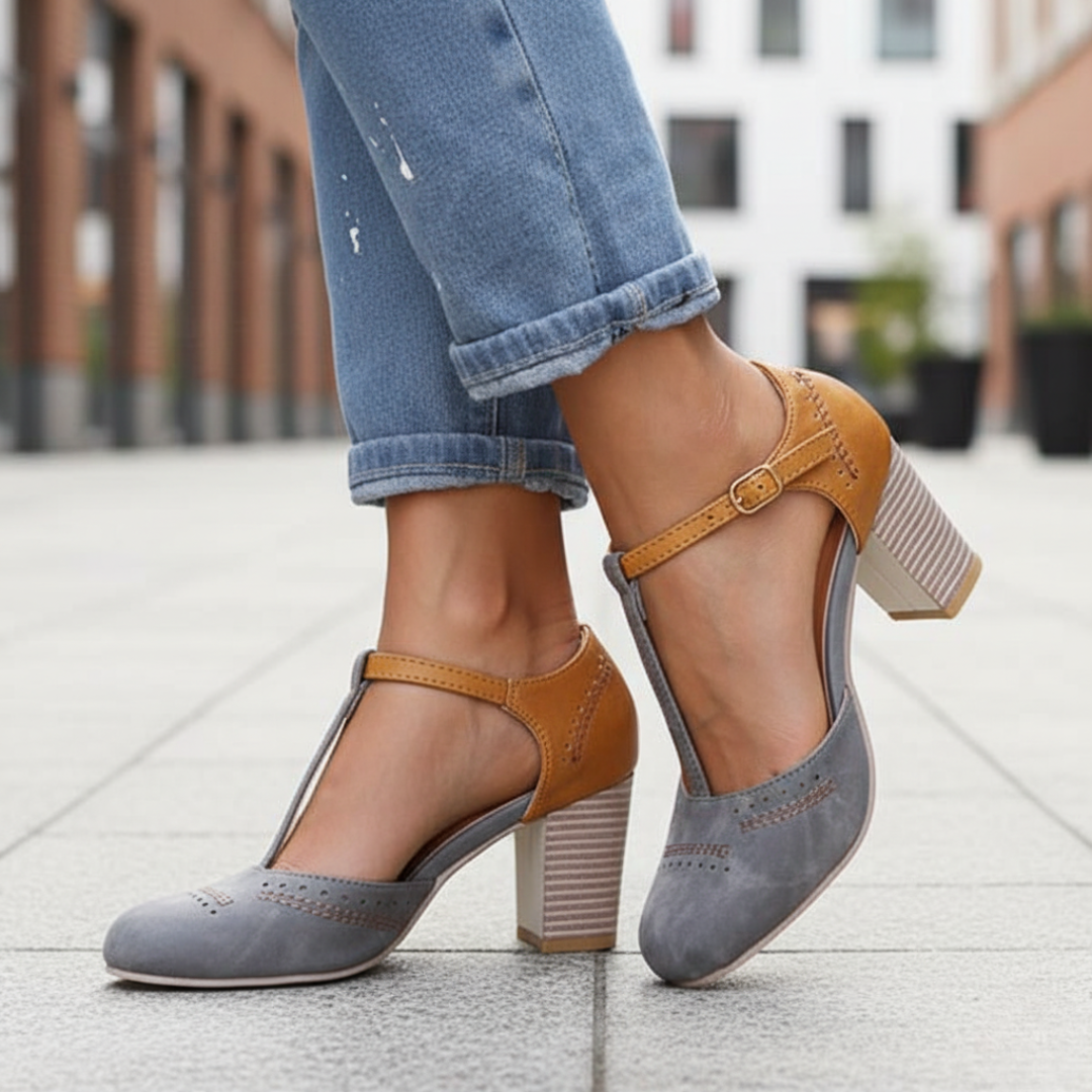 Women's orthopedic block heel shoes with T-strap, supportive structure for all-day comfort and elegance