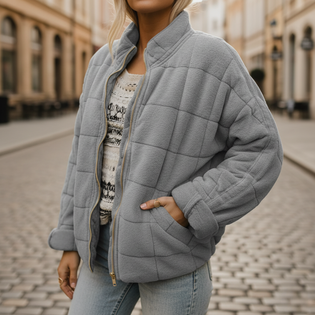 Women's padded jacket with central zip in beige lightweight casual outerwear with modern silhouette