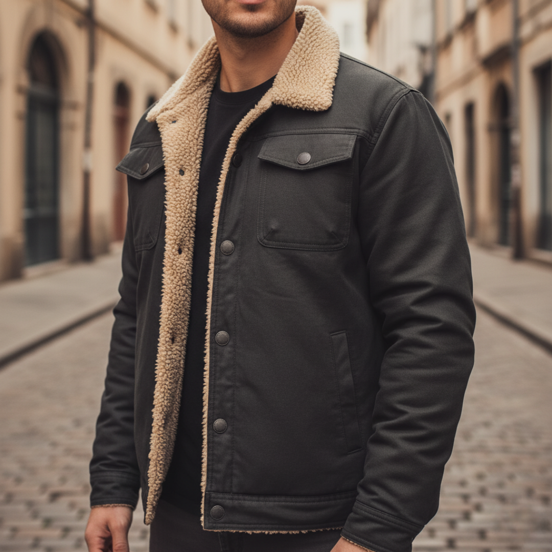 Men's winter jacket with internal fur lining, available in black, blue, green, beige, and brown