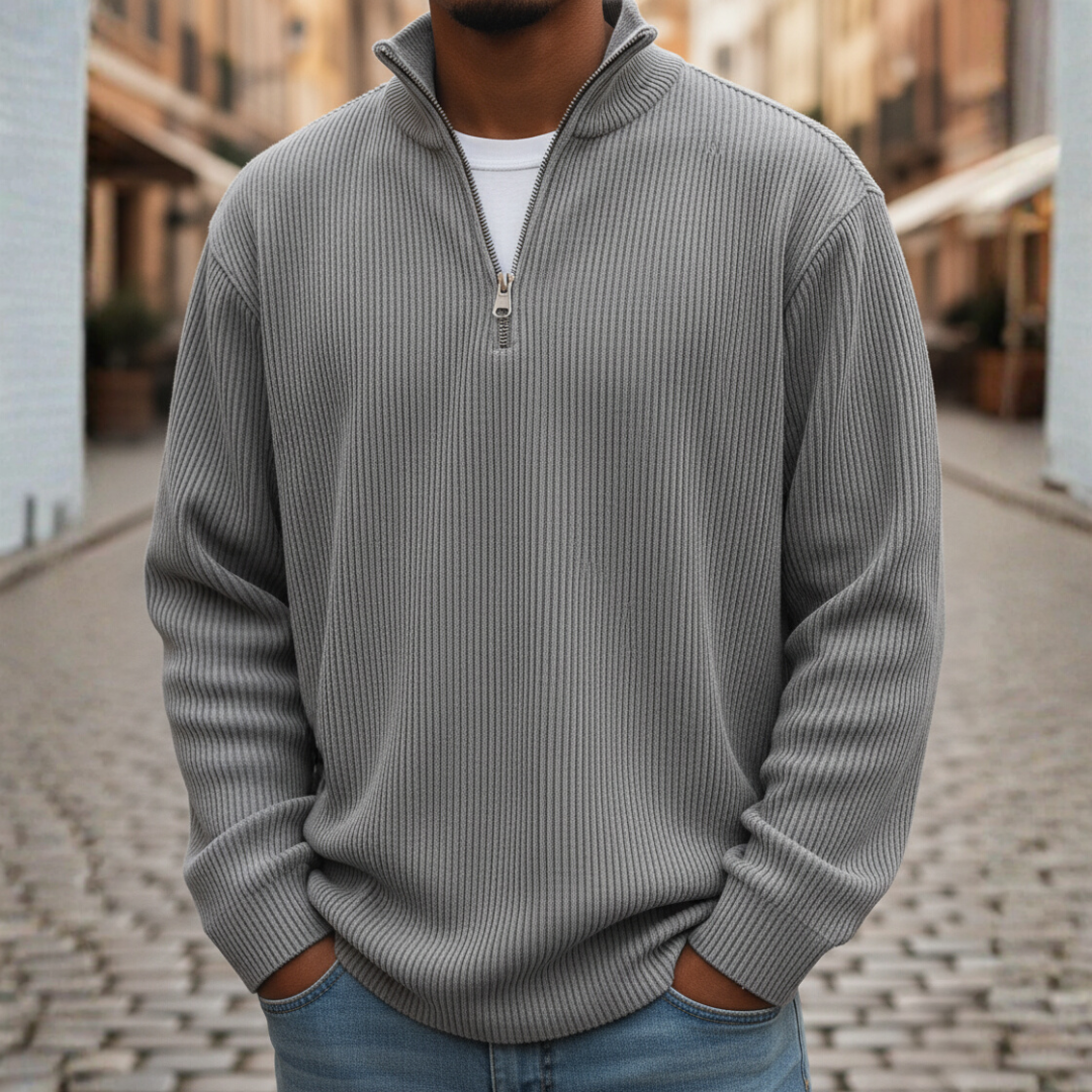 Men's high neck zip knit sweater soft ribbed casual pullover for everyday autumn winter comfort
