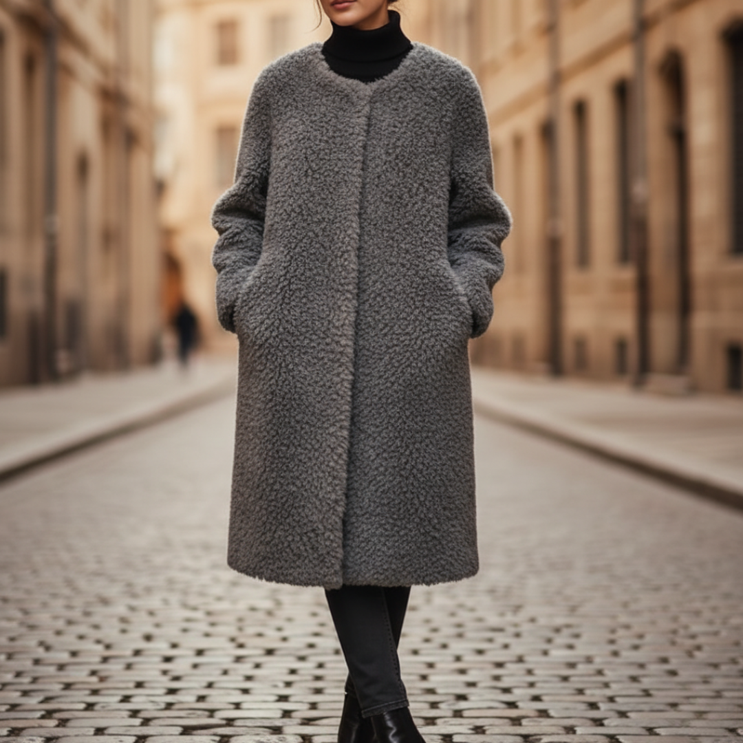 Women's loose fit synthetic fur coat in brown with side pockets, plush warm minimalist winter style