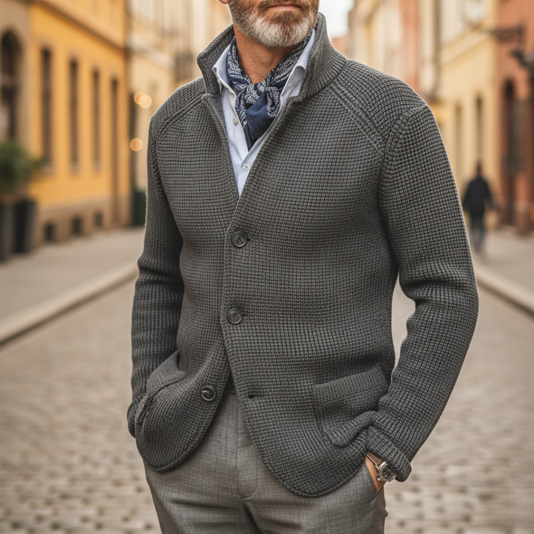 Men's winter button-front cardigan sweater, soft knit fabric, classic fit for office and casual wear