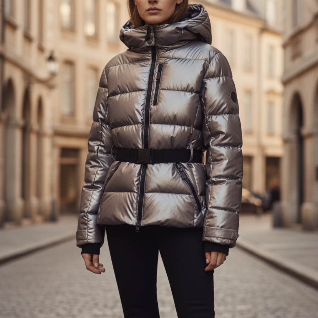 Women's insulated padded down winter jacket with hood, lightweight cold weather coat