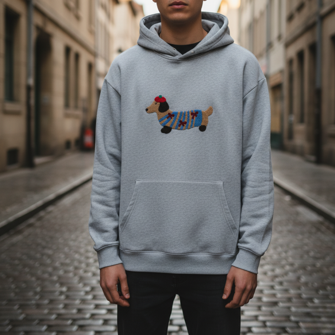 Gray unisex puppy sweatshirt relaxed fit soft polyester embroidered chest logo casual cozy dog lover