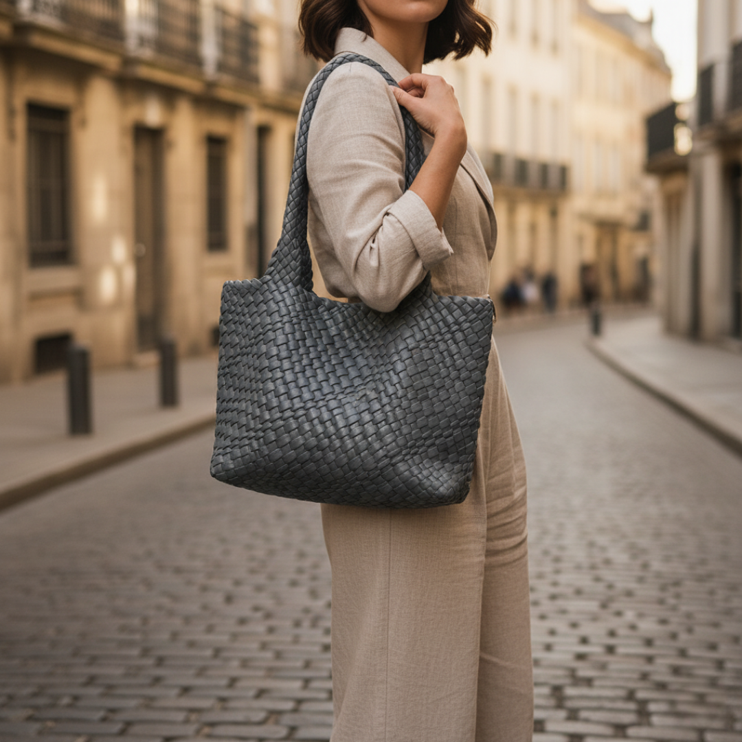 Women's black woven leather tote bag elegant spacious silhouette with durable timeless finish