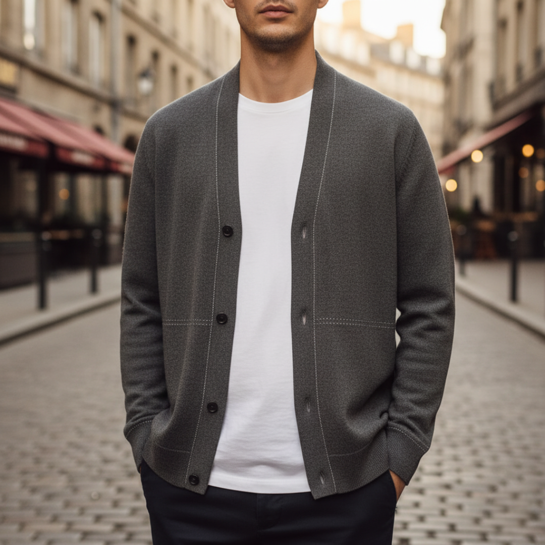 Men's mixed material cardigan black blue gray front buttons long sleeves soft warm knit fall winter