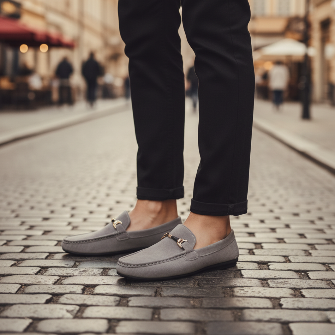 Men's leather moccasins with decorative buckle, available in seven colors for versatile everyday comfort
