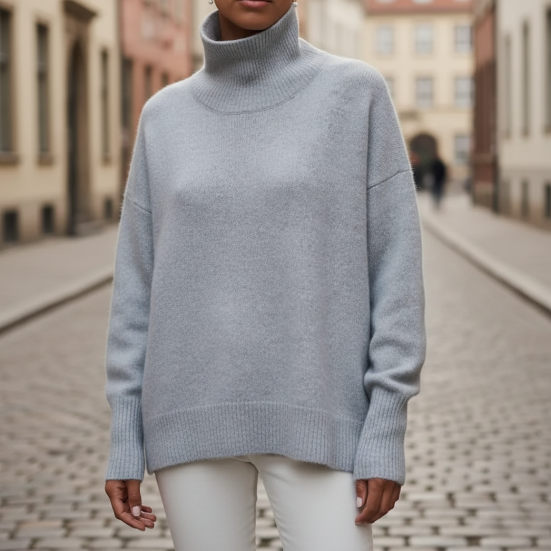 Women's cozy knit turtleneck sweater in neutral tone, relaxed wide-fit silhouette for casual elegant layering