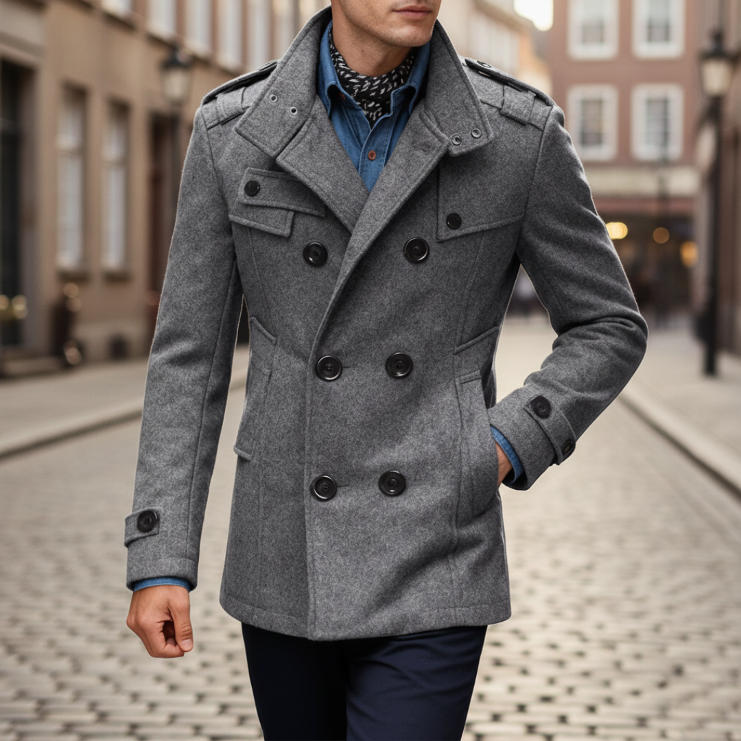 Men's black double-breasted polyester coat with button closure, elegant slim-fit silhouette for cold season