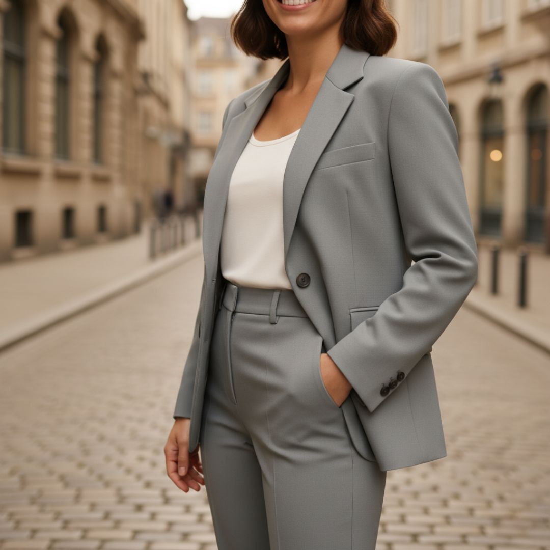 Women's tailored jacket and pants set in professional workwear style with button closure two-piece silhouette