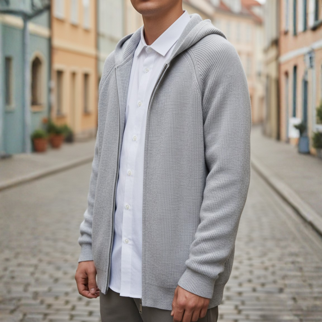 Men's gray hooded knit cardigan with front zipper, soft warm casual sporty style for autumn winter