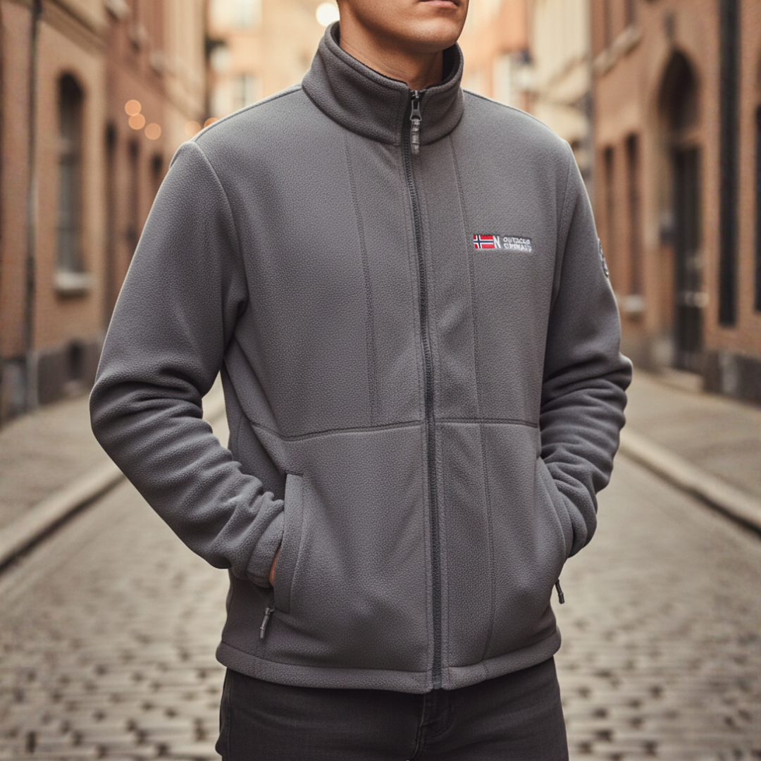 Men's gray fleece zip-up jacket with high collar, soft warm fabric for everyday comfort