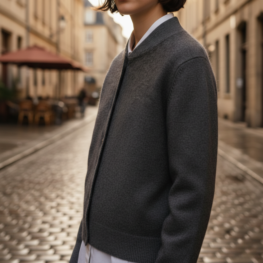 Women's bomber cardigan with ribbed cuffs, relaxed fit, front button closure for versatile layering