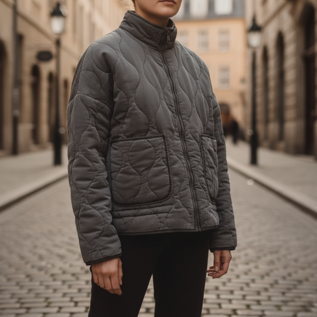 Women's lightweight quilted padded jacket with high collar, diamond pattern, midseason warmth