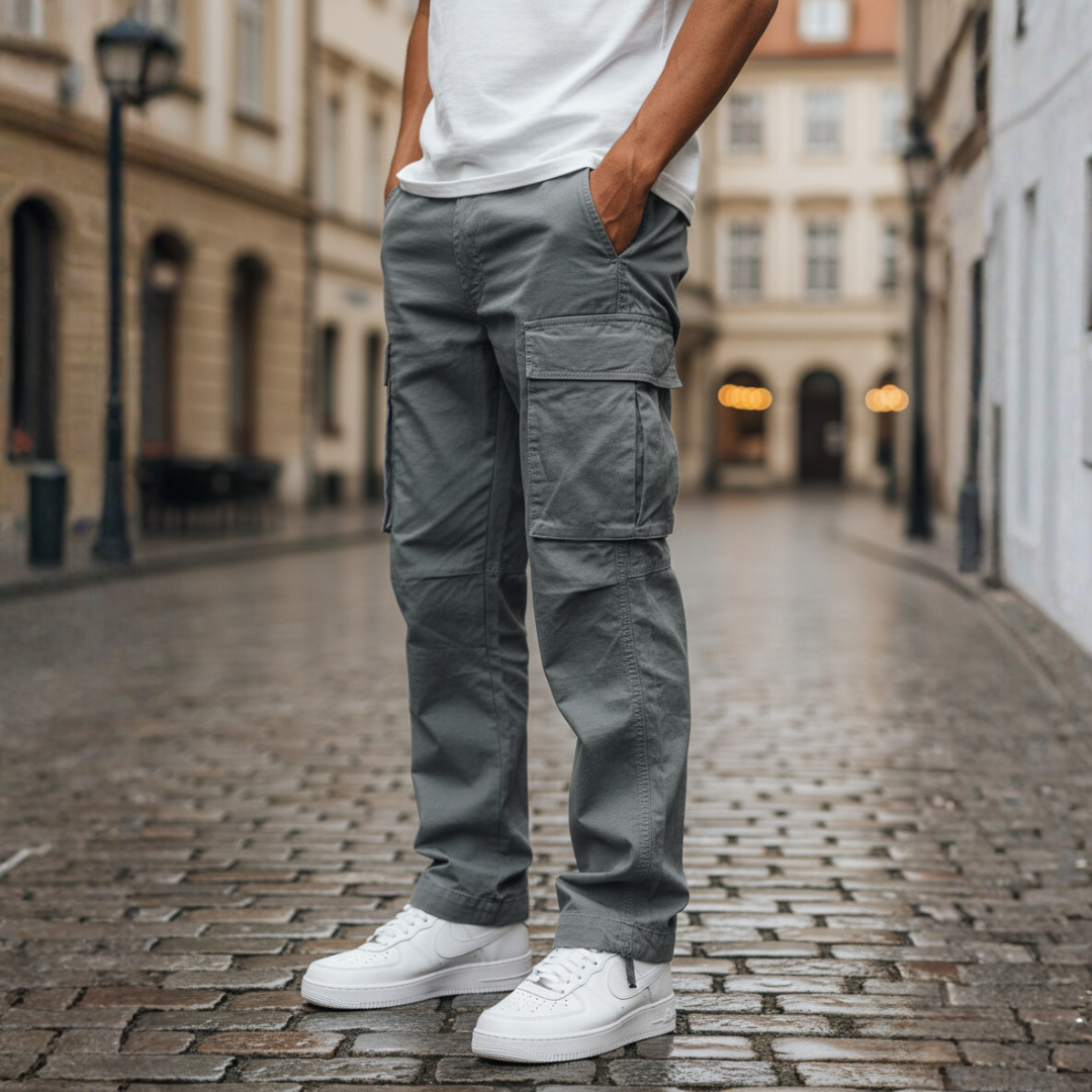 Men's black cargo pants relaxed fit with multiple utility pockets for outdoor everyday wear