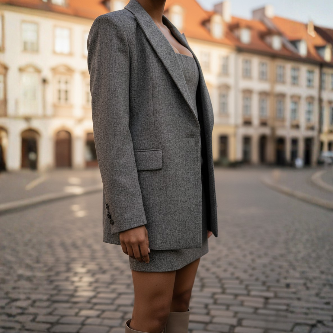 Structured 3-piece women's set blazer corset top mini skirt tailored office wear pink or gray