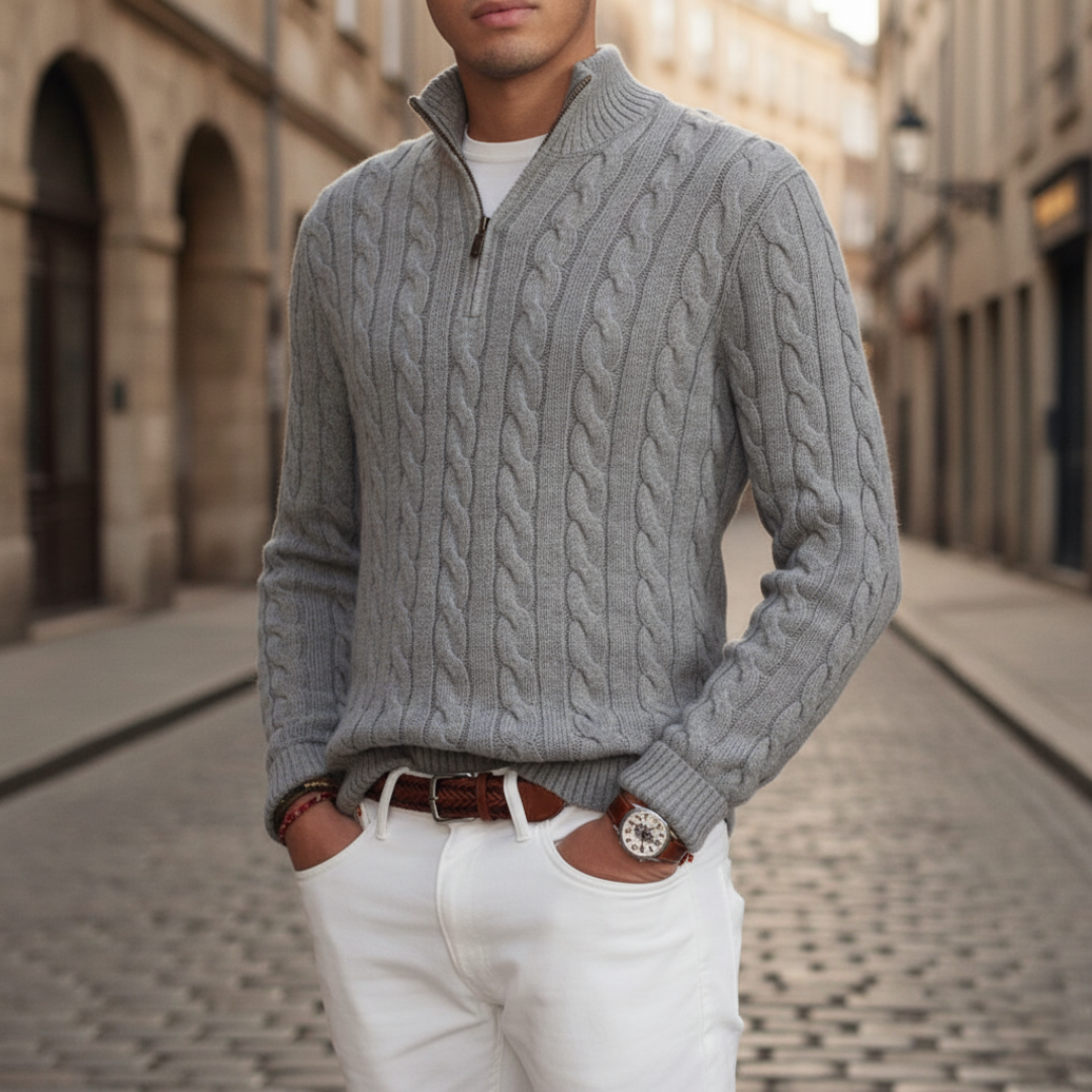 Men's cable knit half-zip turtleneck sweater in classic style with all-over textured pattern