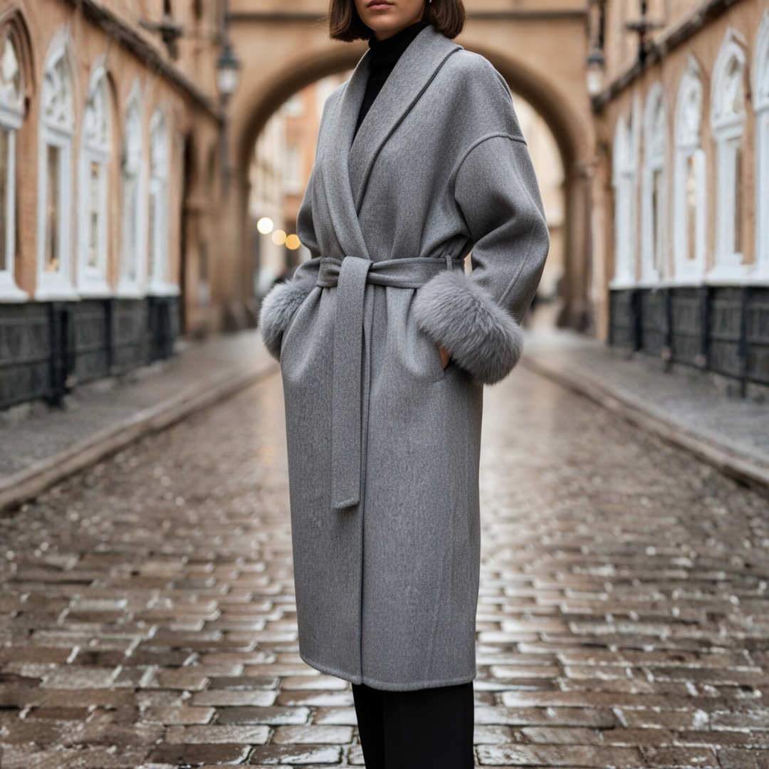 Women's belted wrap wool cashmere long coat with faux fur cuffs, elegant winter style