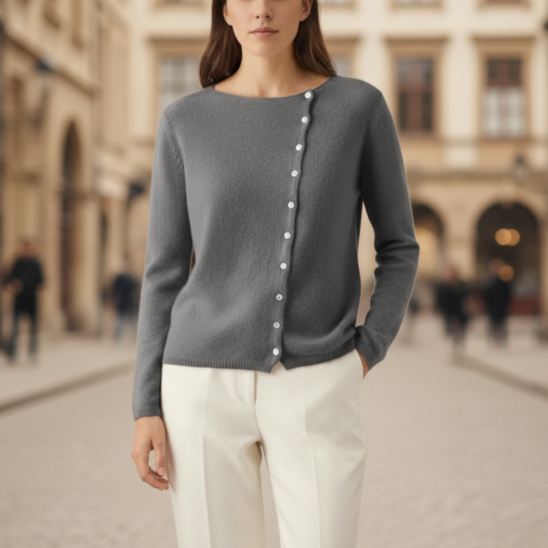 Women's wool cashmere blend sweater round neck button closure cozy soft beige gray pink yellow