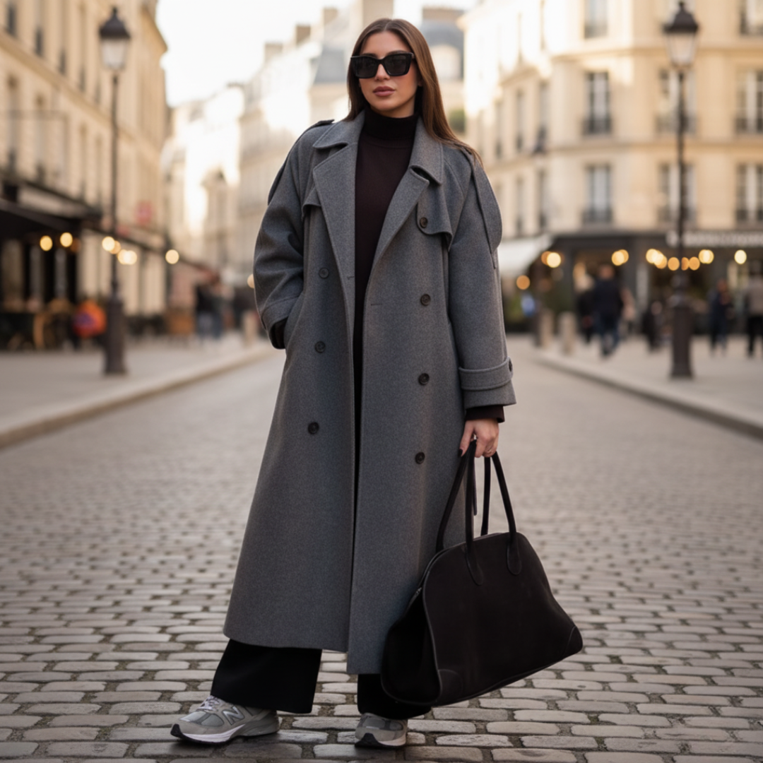 Women's ankle-length winter trench coat, warm cozy fabric, belted waist, classic polished silhouette