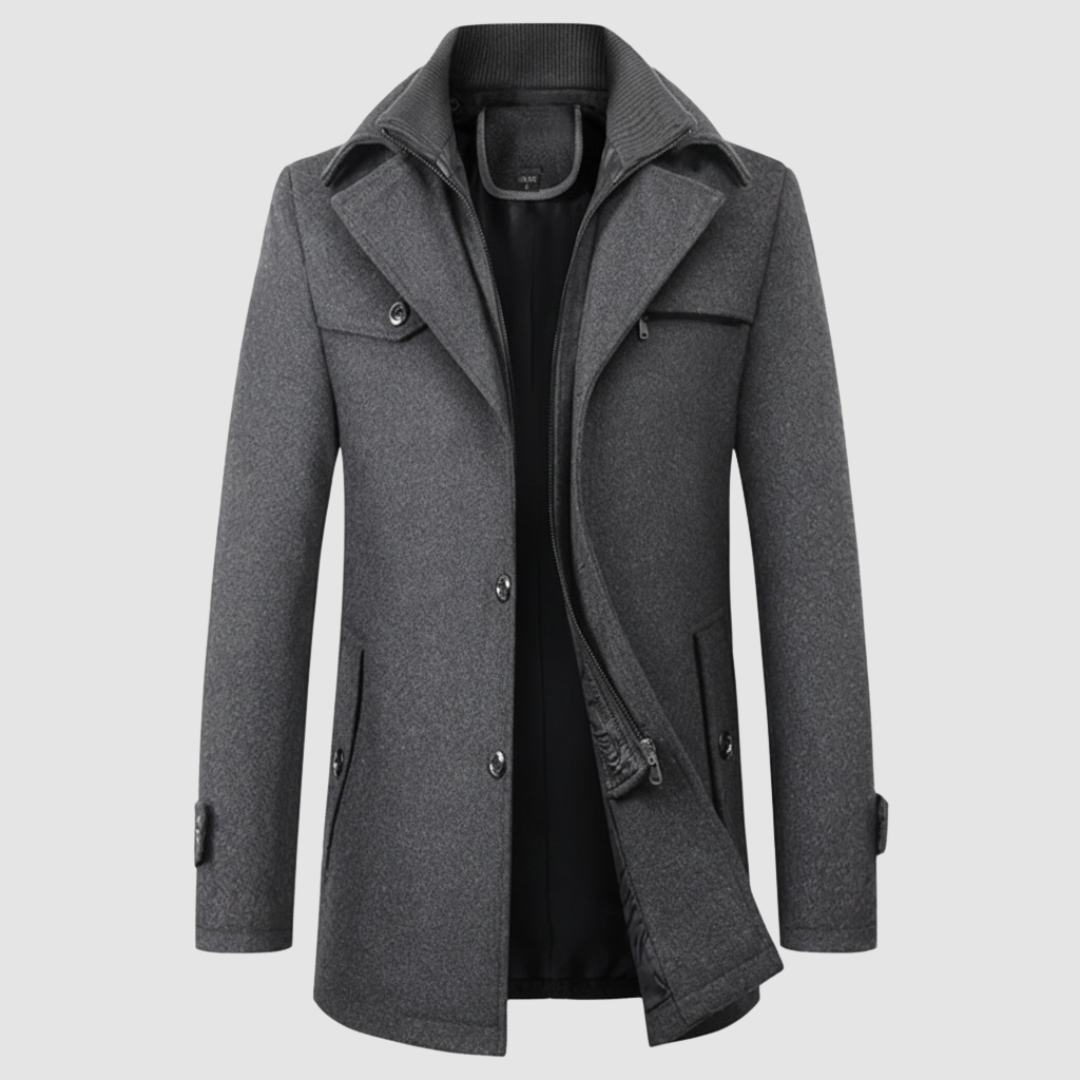 Men's high collar wool coat charcoal button closure chest pockets warm tailored outerwear