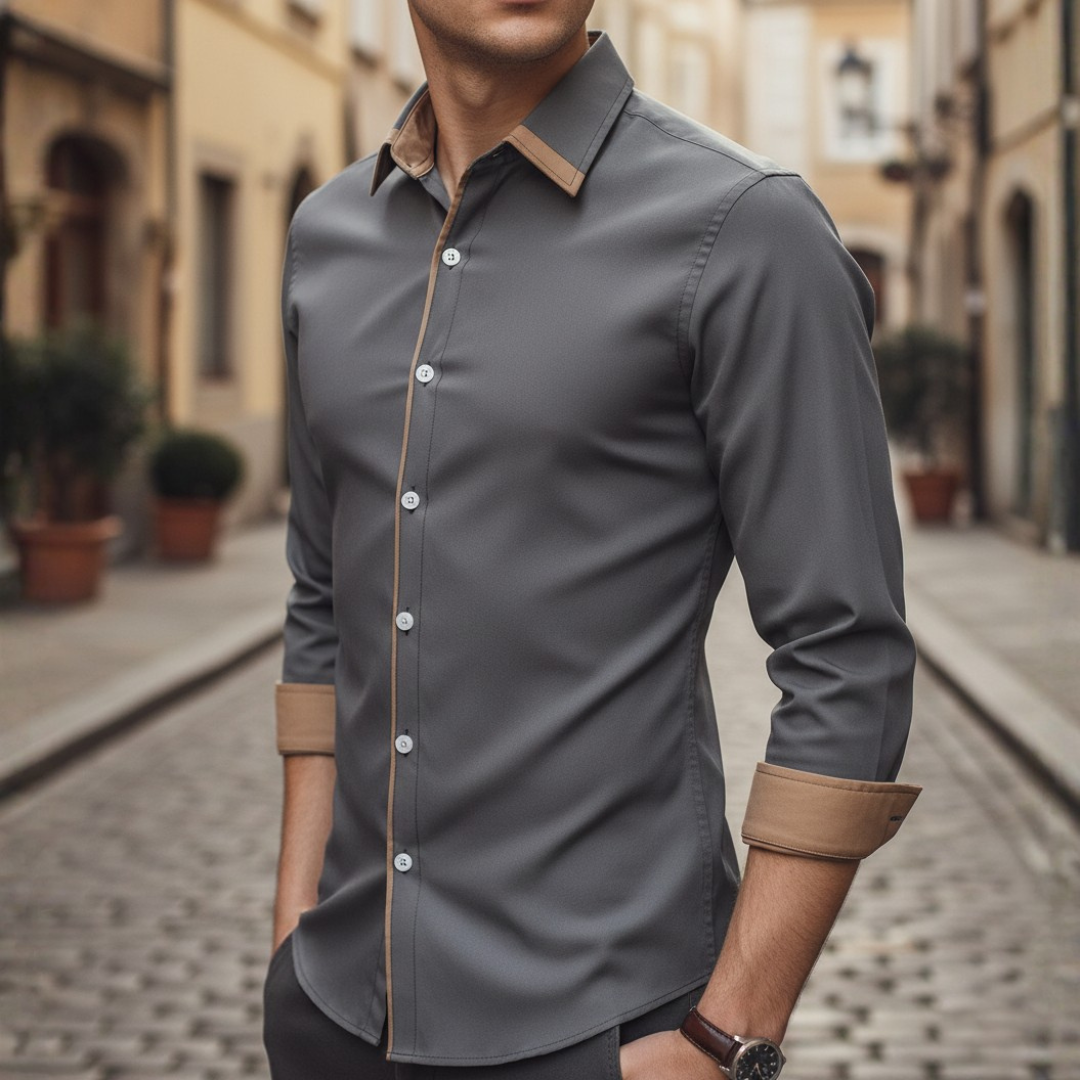 Men's black polyester casual shirt with contrast collar and buttons, modern slim silhouette