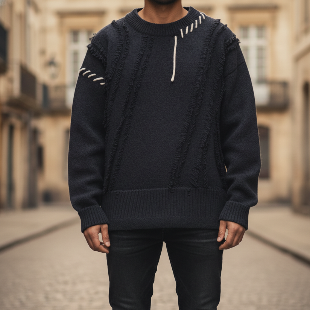 Men's fringe sweater modern cut black green gray white casual knit distinctive side fringe detail