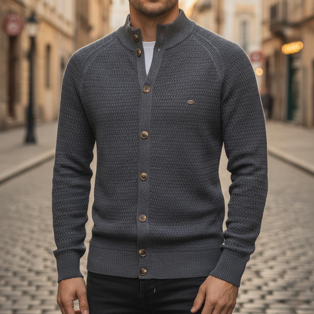 Men's soft yarn button-front cardigan with structured high collar, breathable all-season layering fit