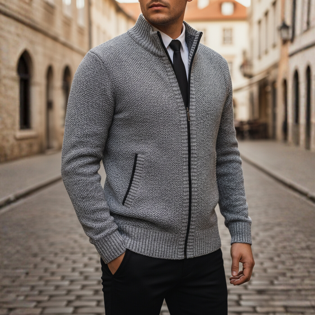 Men's zip-up sweater in black soft fabric, relaxed casual fit with full front zipper closure