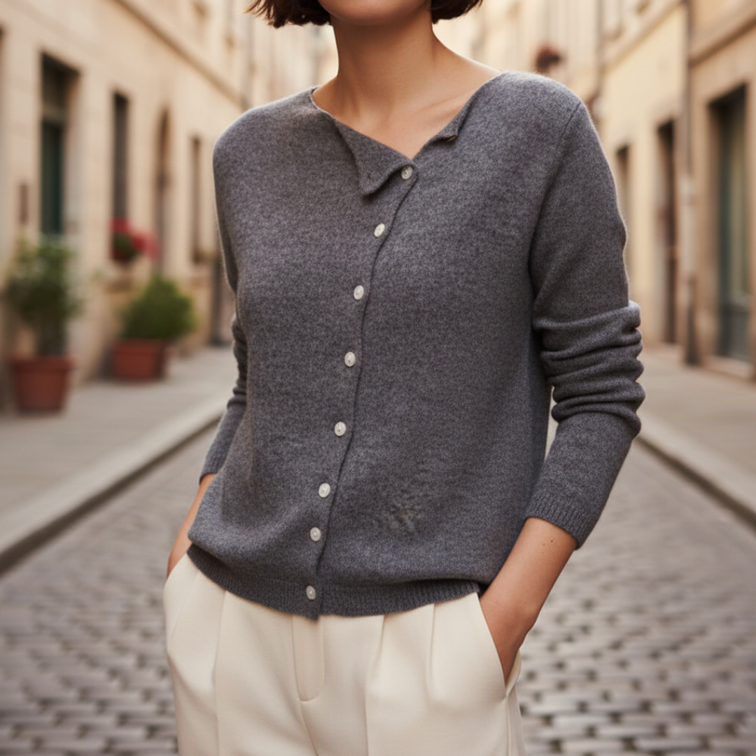 Women's button-front knit sweater with center closure, minimalist elegant style for casual autumn wear