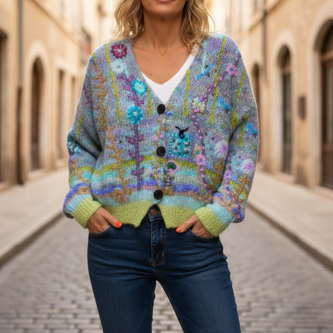 Women's chunky knit cardigan sweater with floral embroidery, V-neck, oversized cozy fit