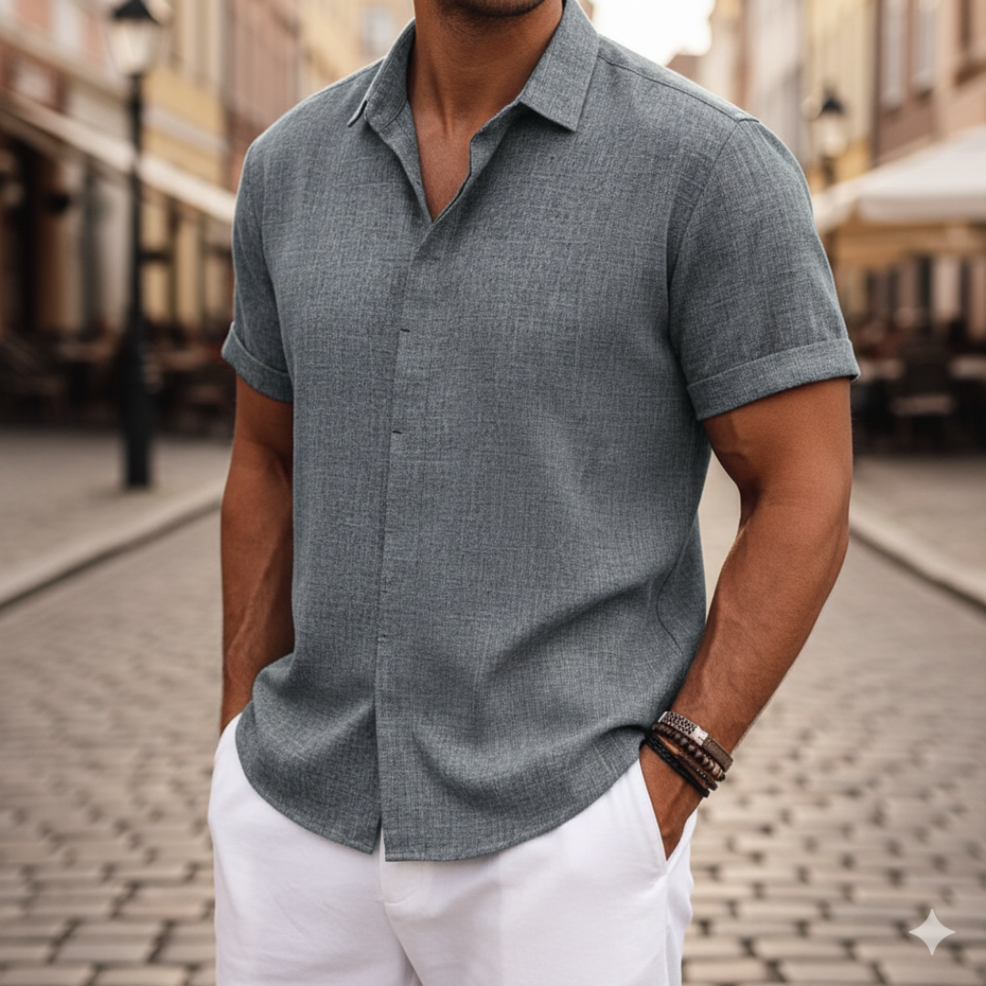 Men's short sleeve casual shirt lightweight breathable mixed fabric textured weave everyday comfort