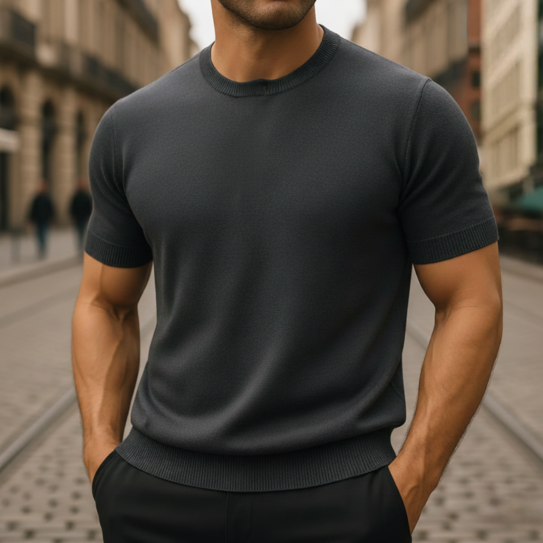 Men's slim fit short sleeve cashmere sweater lightweight breathable luxury knit for warm climates