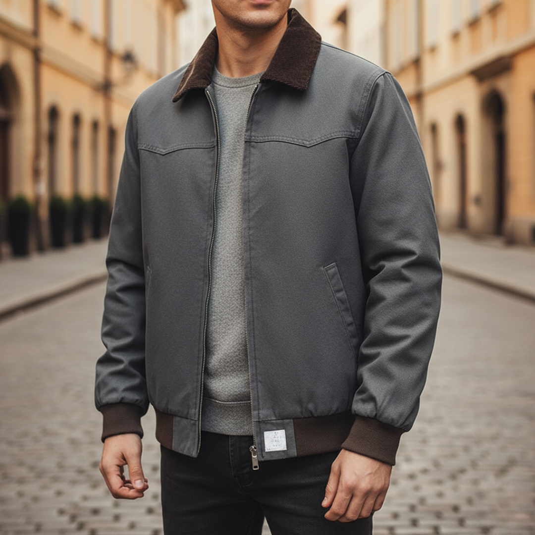 Men's polyester jacket brown green gray synthetic leather collar front zip side pockets casual wear