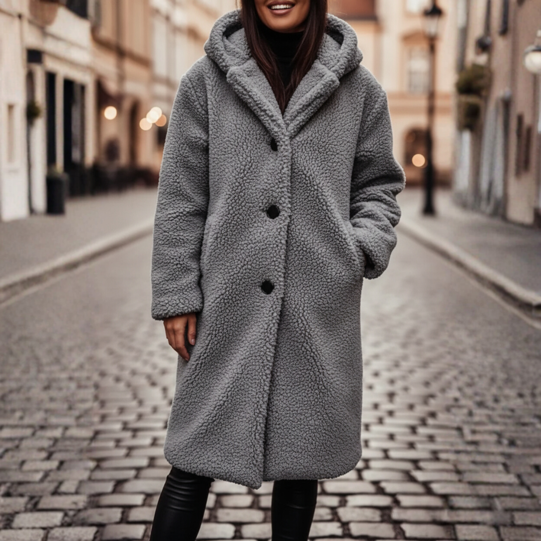 Women's faux fur hooded jacket warm elegant winter outerwear with front button closure