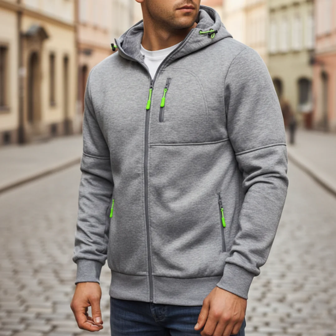 Men's hooded zip jacket in black green gray lightweight durable fabric with zippered pockets casual fit