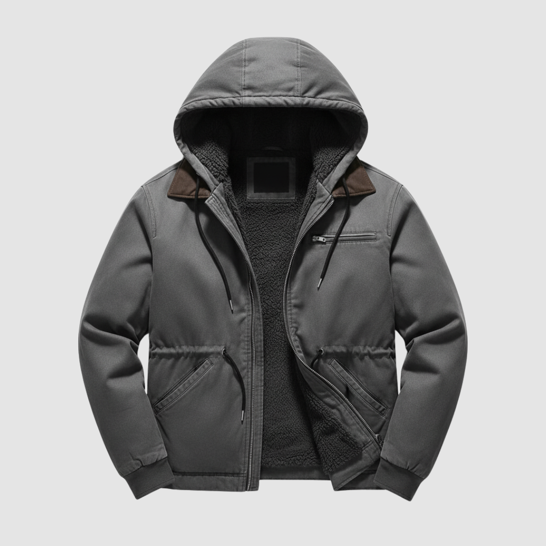 Men's hooded jacket warm lined interior front zip side pockets casual outdoor style