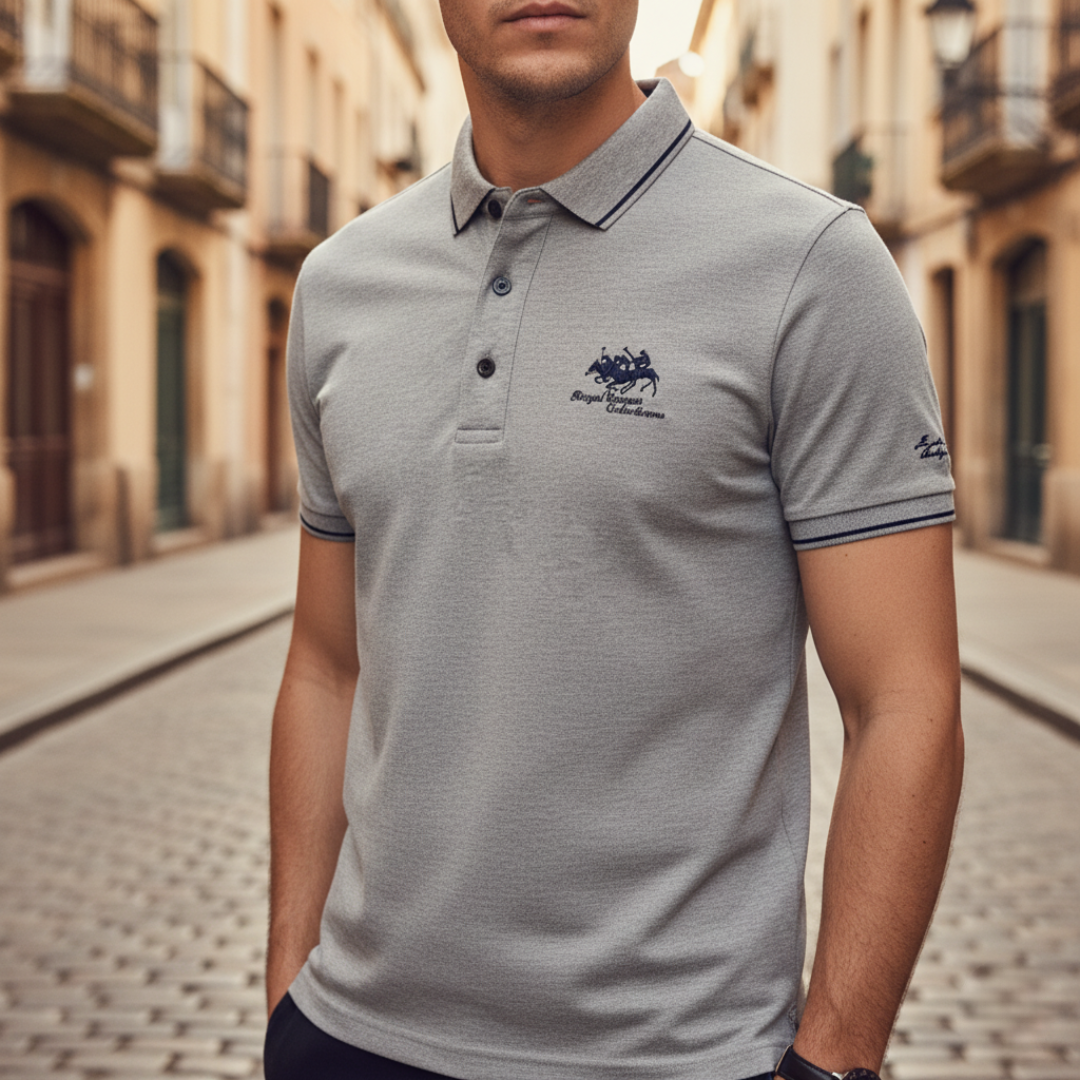 Men's classic regular fit polo shirt with ribbed collar and contrasting striped sleeve detail