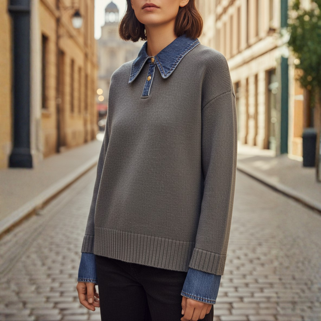 Women's beige polyester knit sweater casual chic cut with denim-detailed collar and cuffs