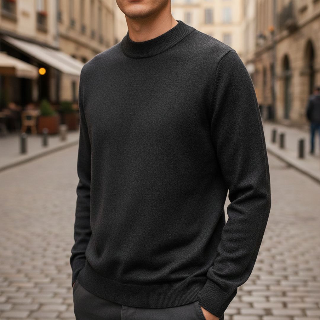 Men's black mock neck sweater regular fit fine knit ribbed cuffs everyday layering essential