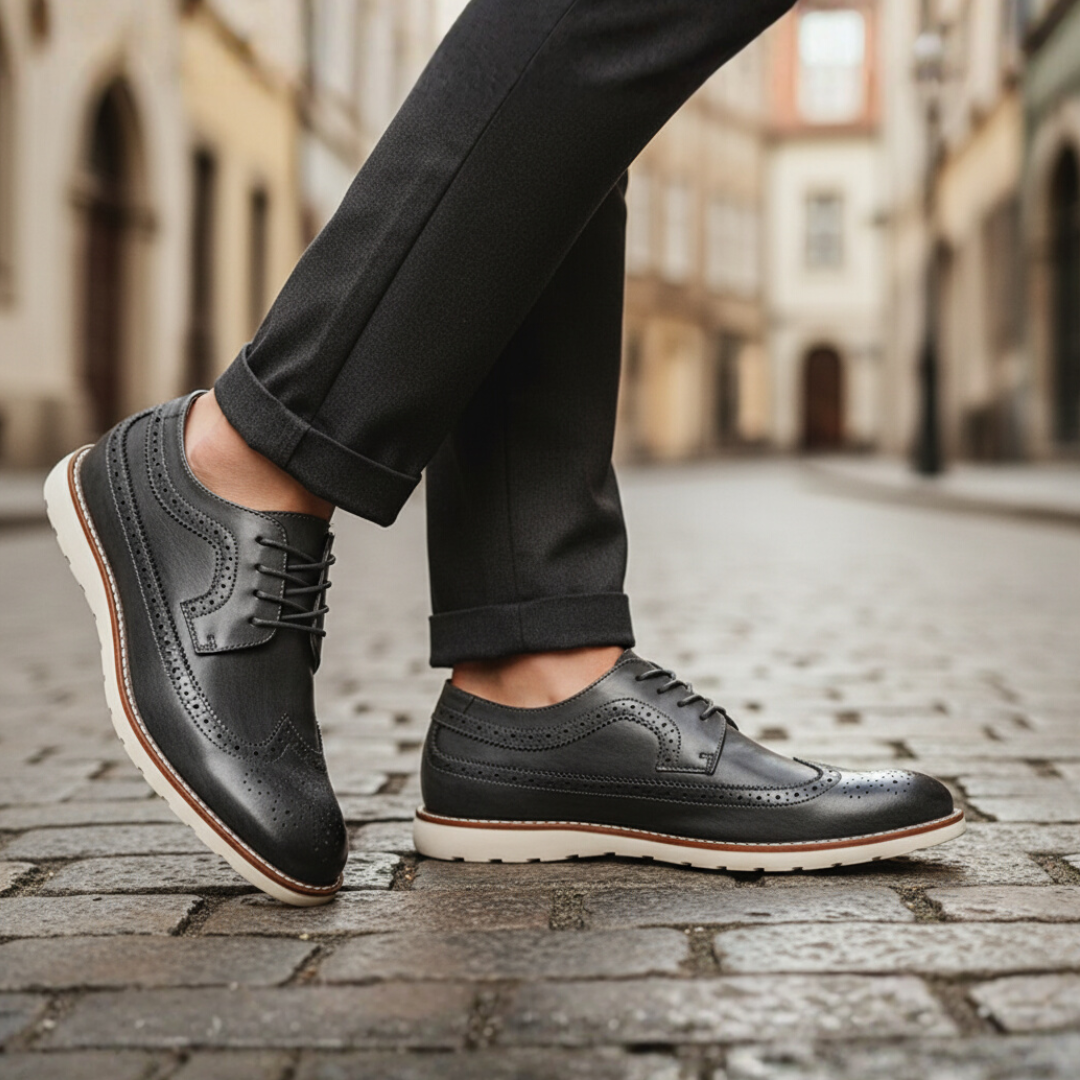 Men's brogue synthetic leather shoes black blue brown colorway white sole perforated detail casual wear