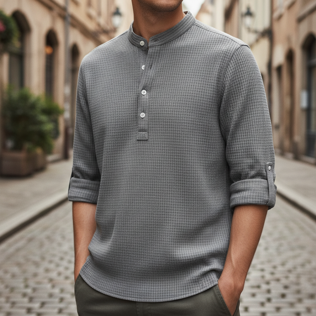 Men's beige honeycomb knit Henley shirt ergonomic fit with adjustable sleeves casual style