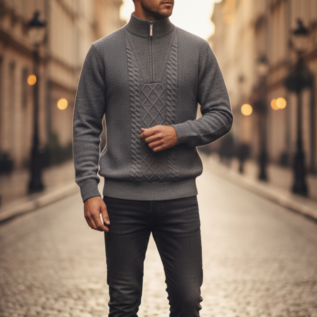 Men's beige half-zip knit sweater with textured design, casual slim fit for everyday warmth
