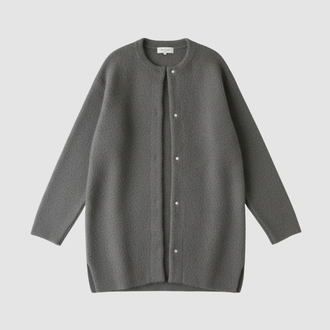 Women's oversized fuzzy knitted cardigan with front button closure, collarless cozy brushed finish