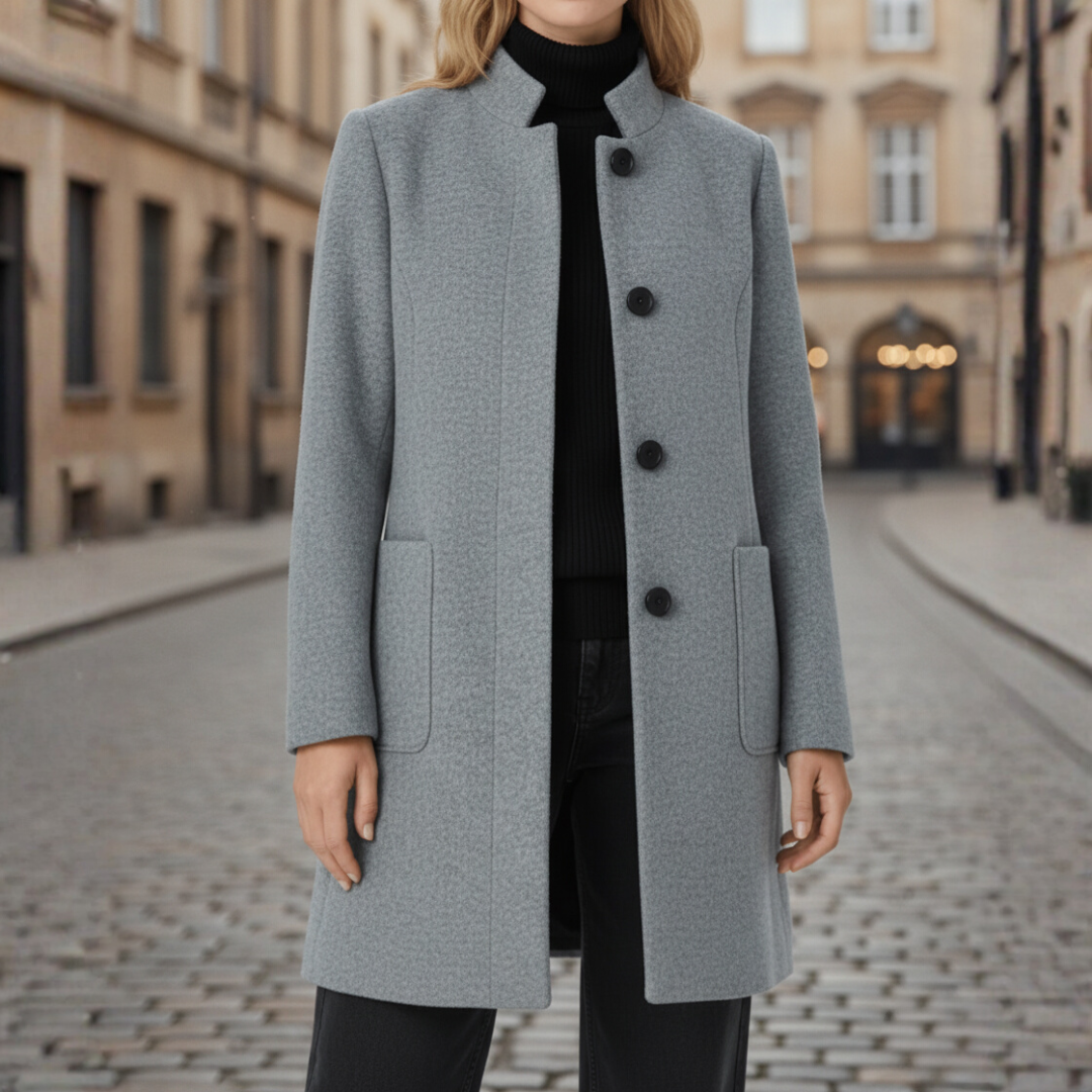Women's polyester winter coat with black buttons, side pockets, modern silhouette, versatile casual formal wear